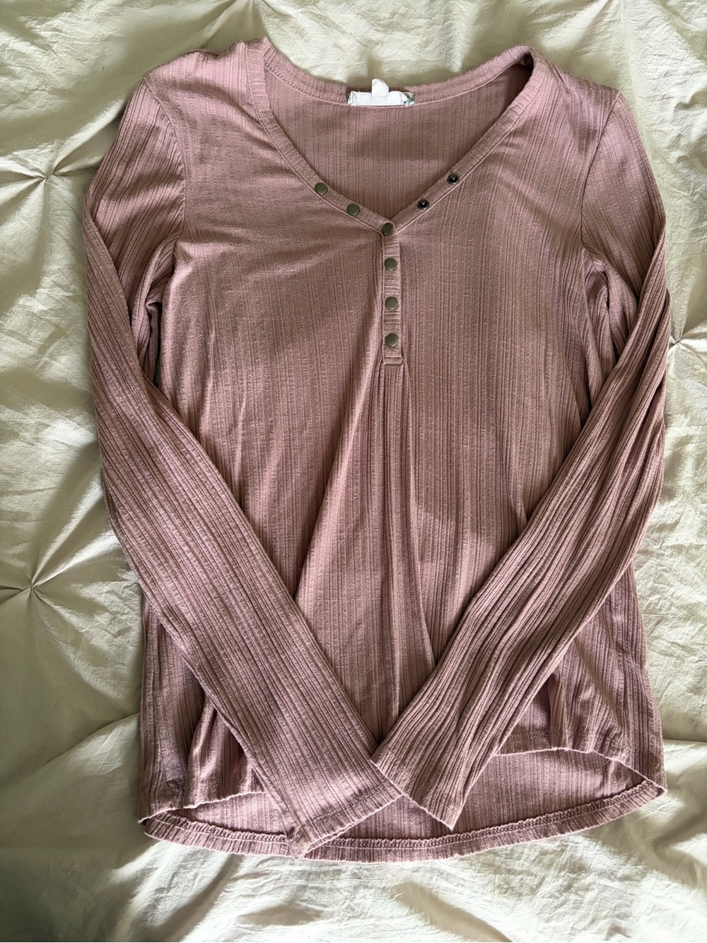 Pink Rose Ribbed Henley Long Sleeve Top - Dusty Rose